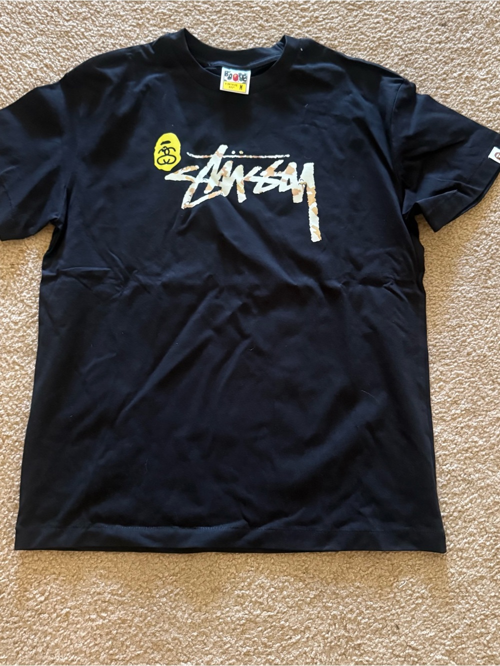 Stussy Black Short-Sleeve Tee with Yellow Logo Accent M